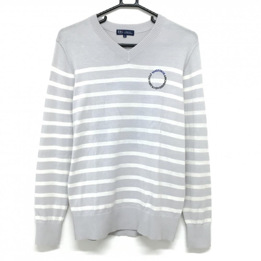 【美品】23区ゴルフ セーター グレー×白 ボーダー カート ウール混 ニット メンズ M ゴルフウェア 23区