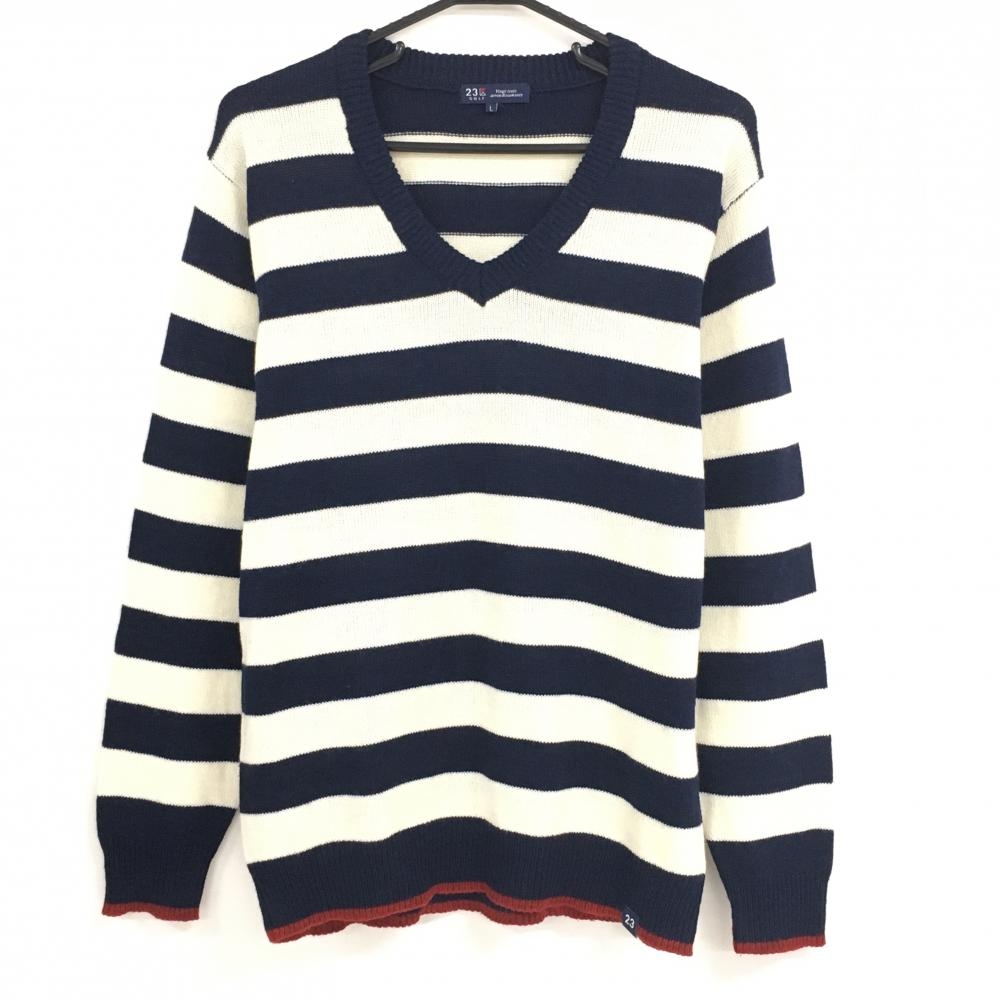 【超美品】23区ゴルフ セーター 白系×ネイビー ボーダー Vネック ニット メンズ L ゴルフウェア 23区