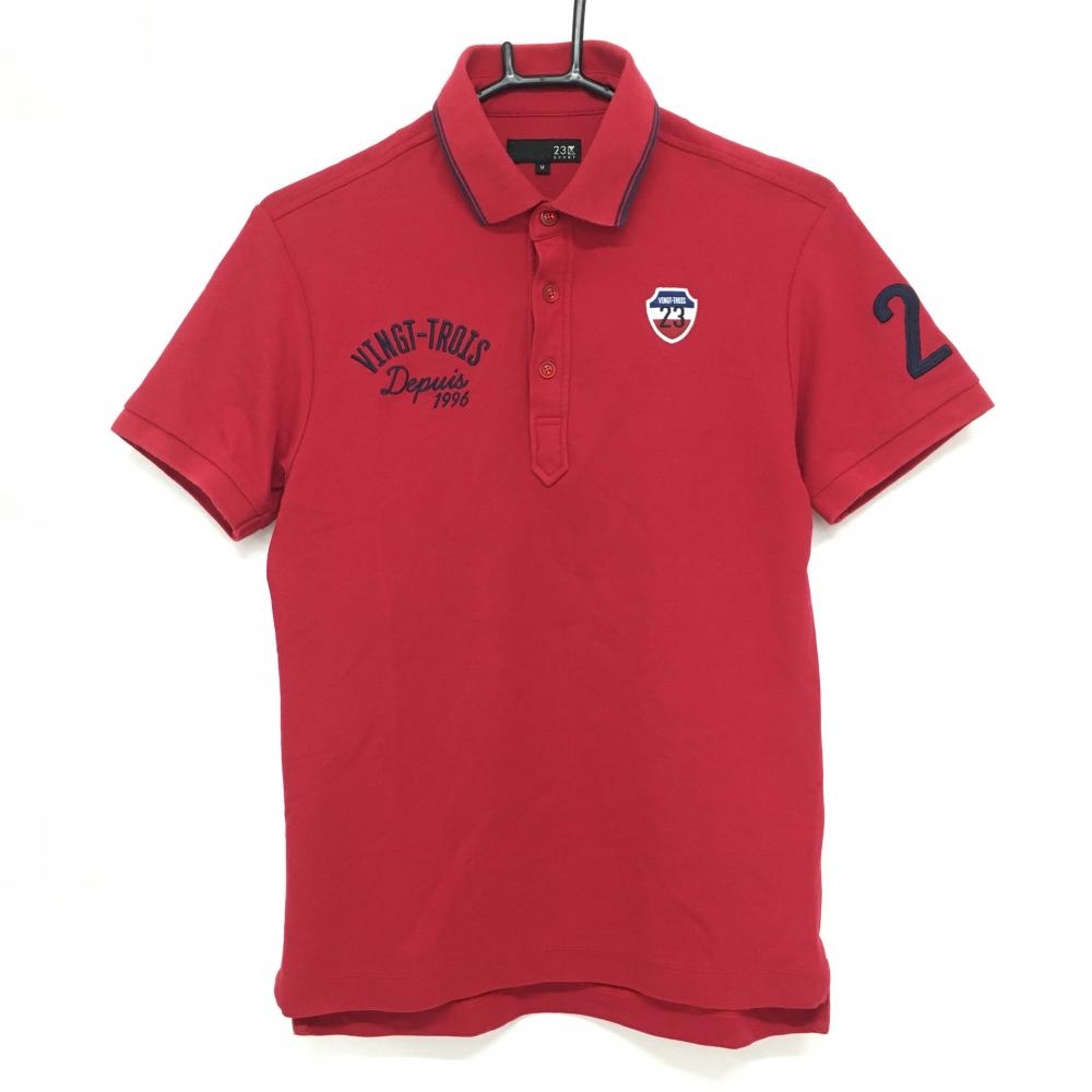 【美品】23区スポーツ 半袖ポロシャツ レッド×ネイビー 襟淵ライン ワッペン  メンズ M ゴルフウェア 23区