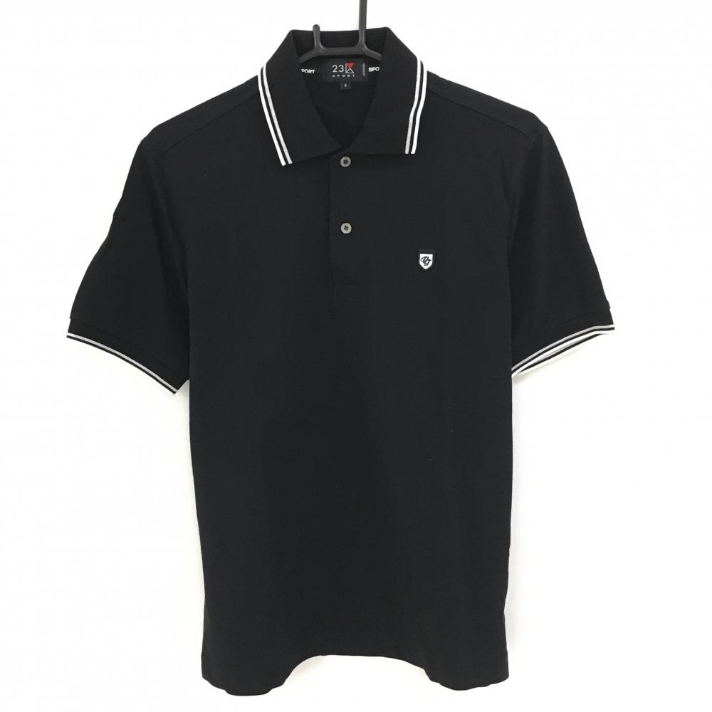 【美品】23区スポーツ 半袖ポロシャツ 黒×白 胸元ワッペン メンズ 2(L) ゴルフウェア 23区