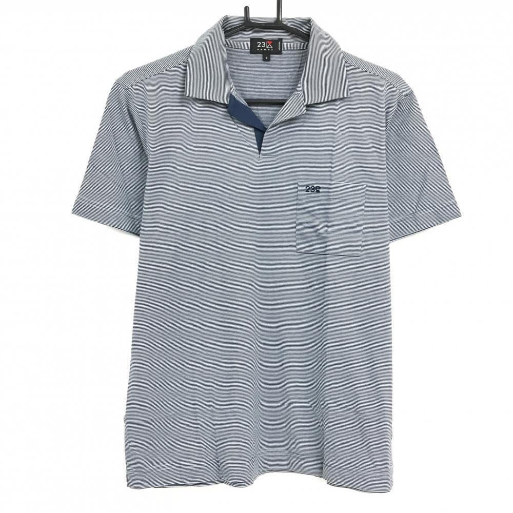 【超美品】23区スポーツ 半袖ポロシャツ ネイビー×白 ボーダー 胸ポケット ロゴ刺しゅう スキッパーシャツ メンズ 2(L) ゴルフウェア 23区