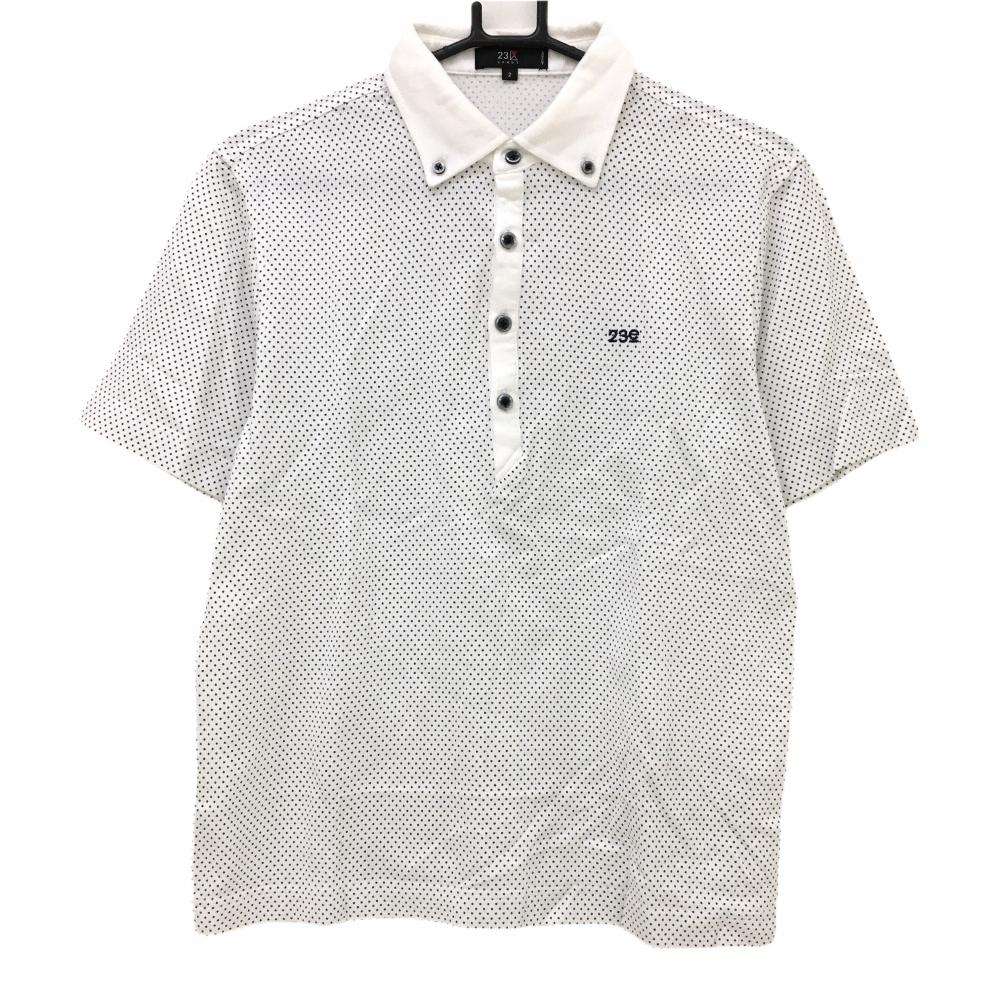 【超美品】23区スポーツ 半袖ポロシャツ 白×ダークネイビー ドット柄 ロゴ刺しゅう メンズ 2(L) ゴルフウェア 23区