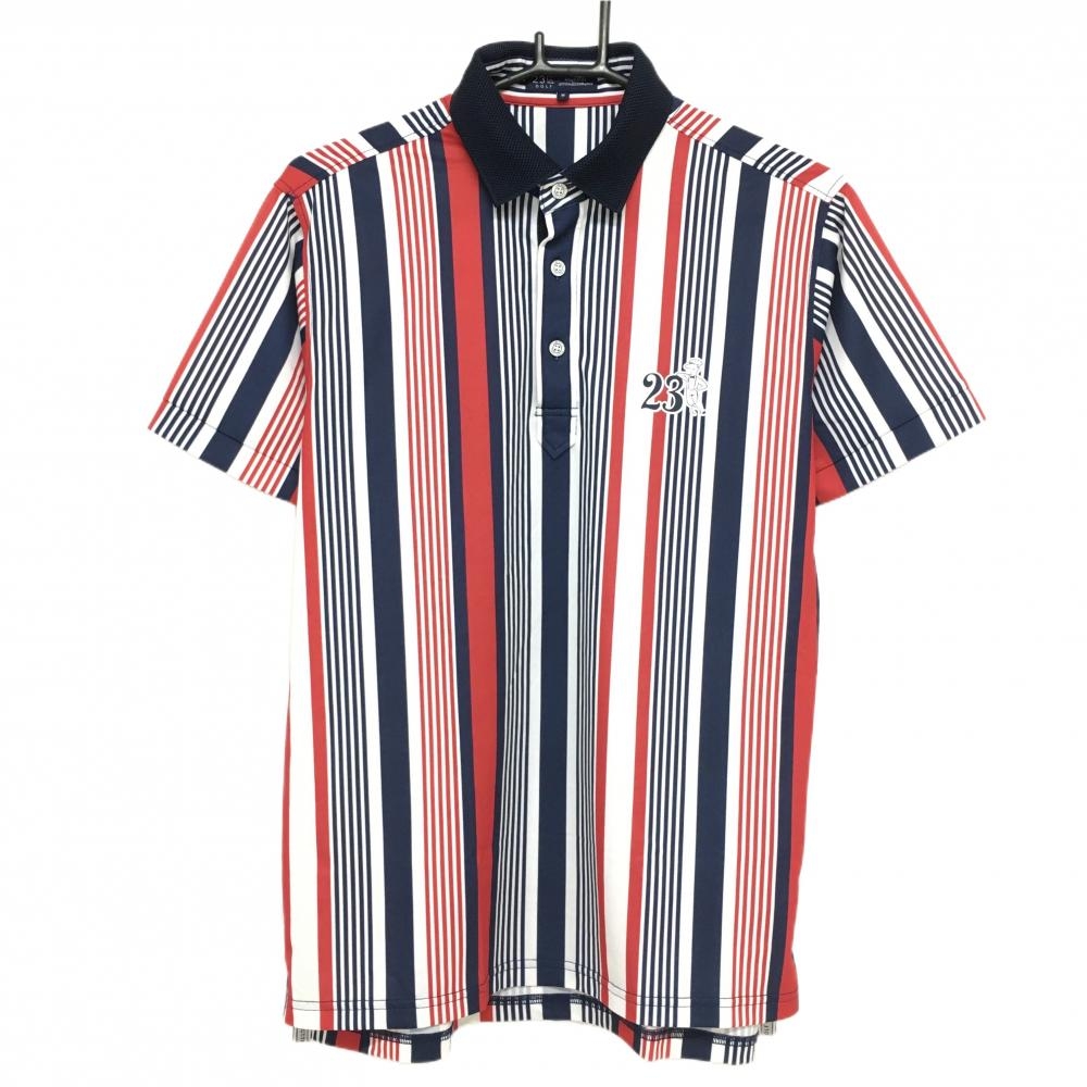 【超美品】23区ゴルフ 半袖ポロシャツ ネイビー×レッド ストライプ ロゴプリント メンズ M ゴルフウェア 23区