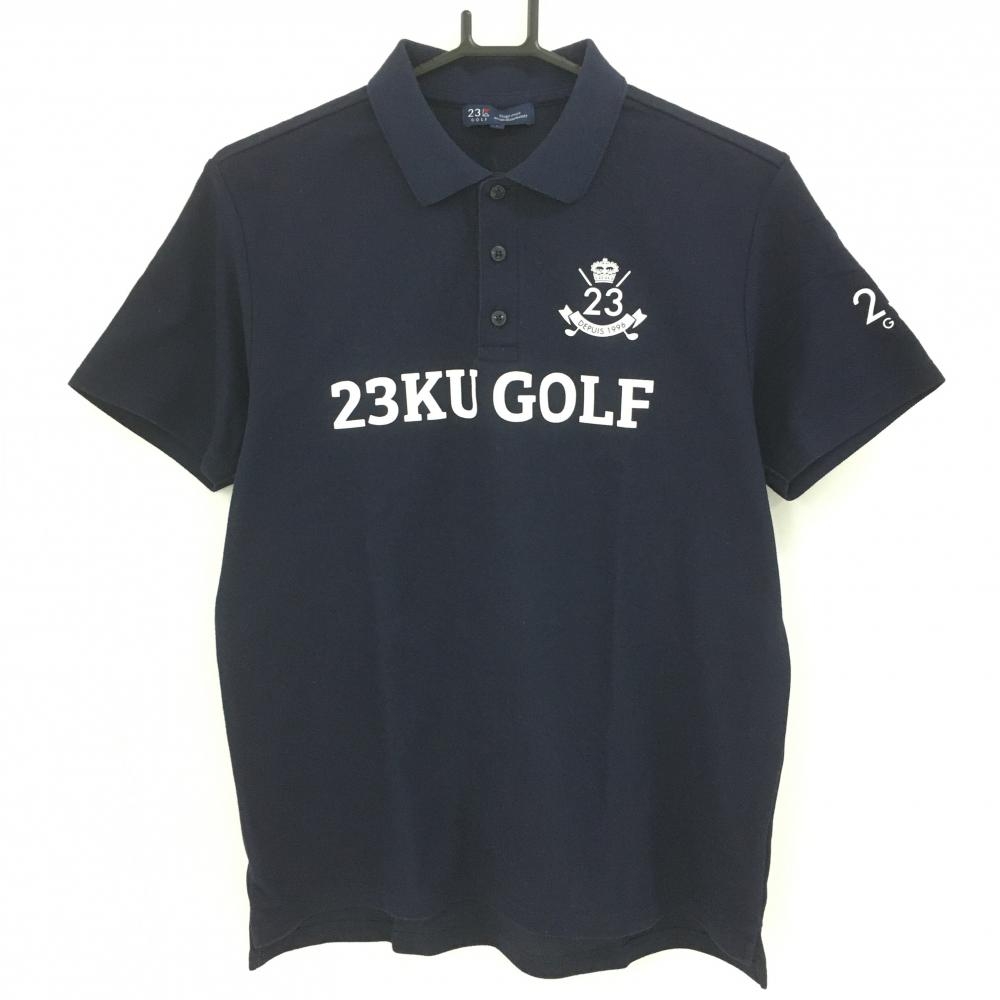 【美品】23区ゴルフ 半袖ポロシャツ ネイビー×白 ビックプリント メンズ L ゴルフウェア 23区