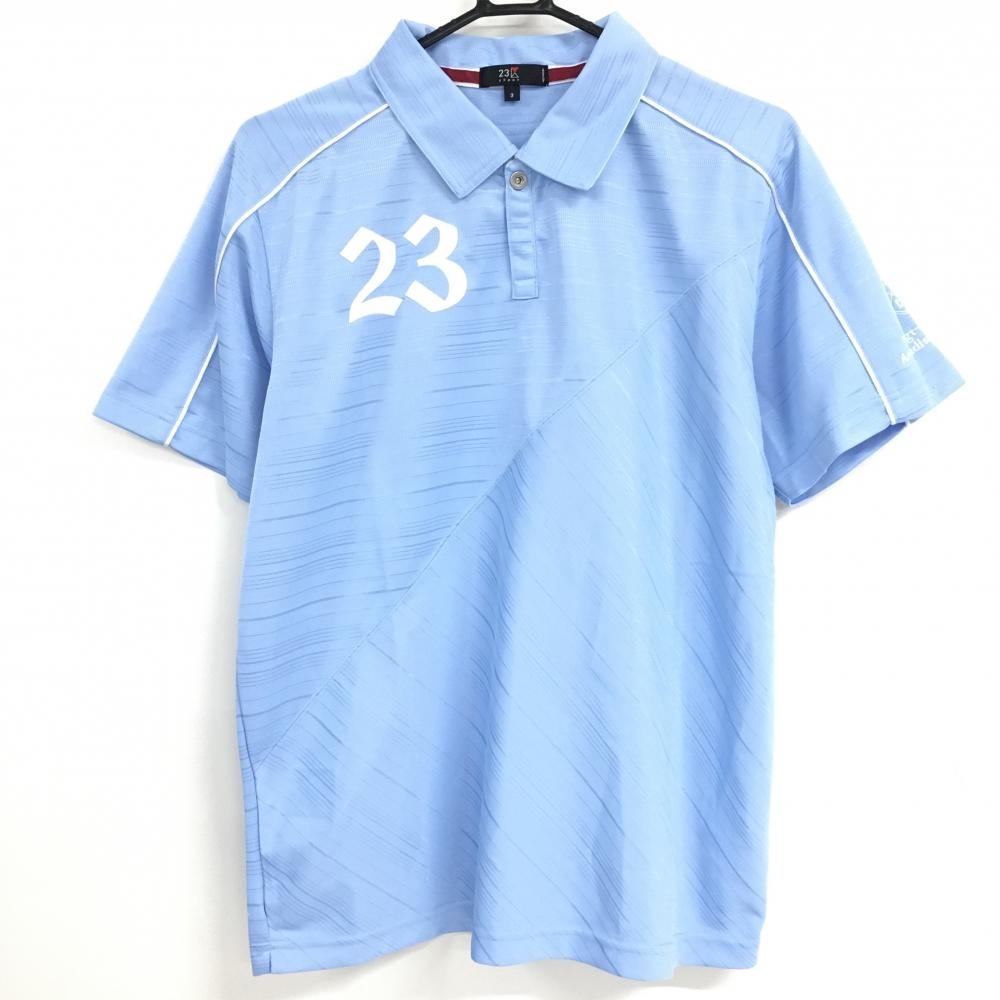 【美品】23区スポーツ 半袖ポロシャツ ライトブルー×白 スナップボタン 織生地 メンズ 3(XL) ゴルフウェア 23区