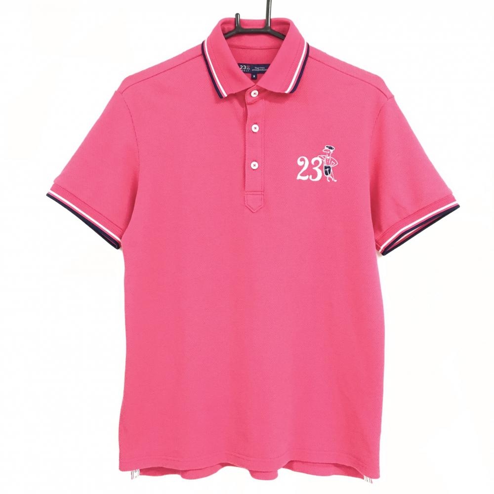 【美品】23区ゴルフ 半袖ポロシャツ ピンク×ネイビー 襟袖口ライン 織生地 メンズ M ゴルフウェア 23区