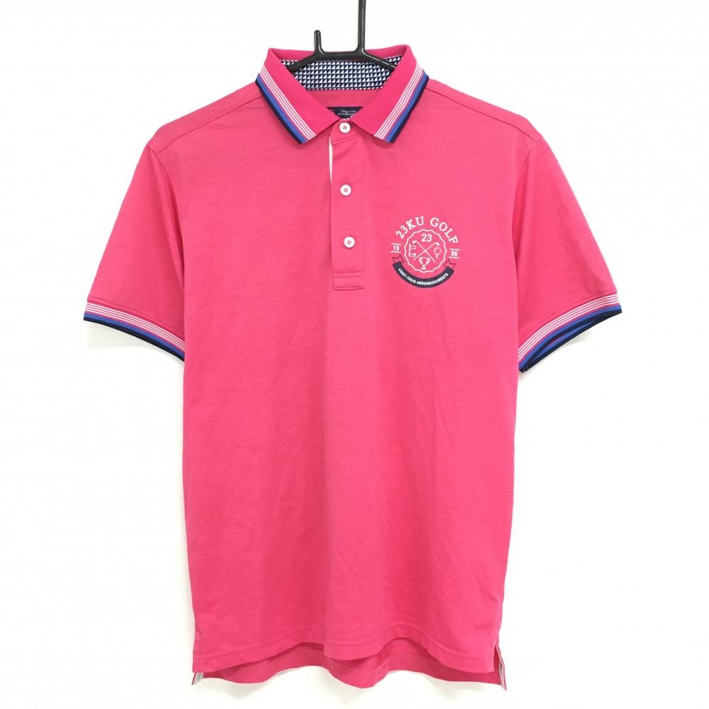 【超美品】23区ゴルフ 半袖ポロシャツ ピンク×ネイビー 襟・袖口一部ボーダー ロゴプリント メンズ L ゴルフウェア 23区