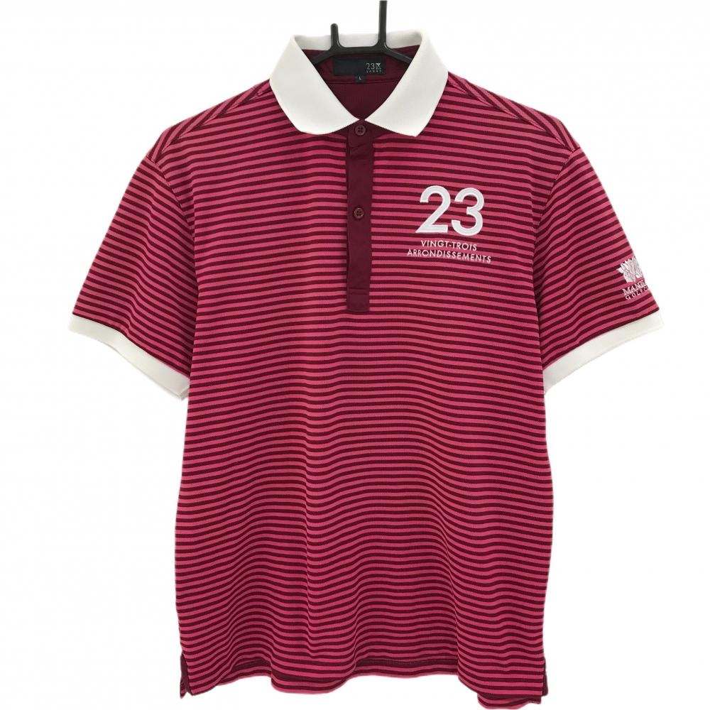 【美品】23区スポーツ 半袖ポロシャツ ピンク×ボルドー ボーダー MANGILAO GOLF CLUB メンズ L ゴルフウェア 23区