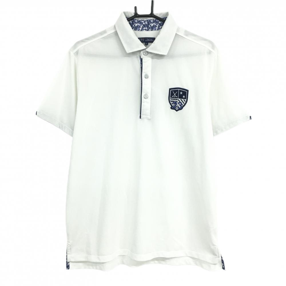 【美品】23区ゴルフ 半袖ポロシャツ 白×ネイビー ワッペン メンズ LL ゴルフウェア 23区