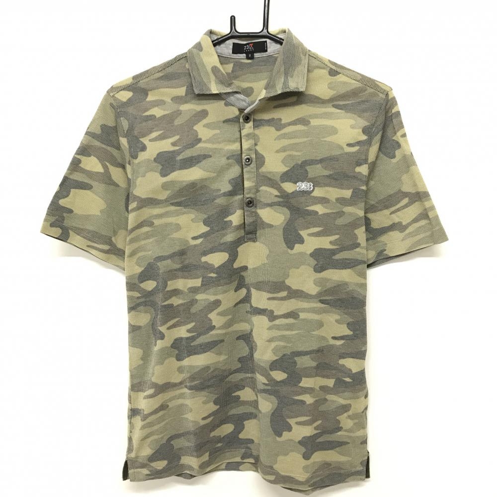 23区スポーツ 半袖ポロシャツ ライトカーキ×ブラウン カモフラ 迷彩 スナップボタン メンズ 2(L) ゴルフウェア 23区