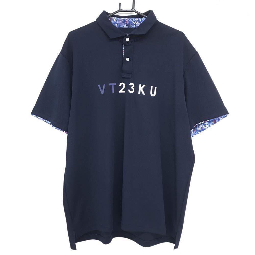 【超美品】23区ゴルフ 半袖ポロシャツ ネイビー 前立て・袖口花柄 フロントロゴ メンズ 5L ゴルフウェア 大きいサイズ 23区