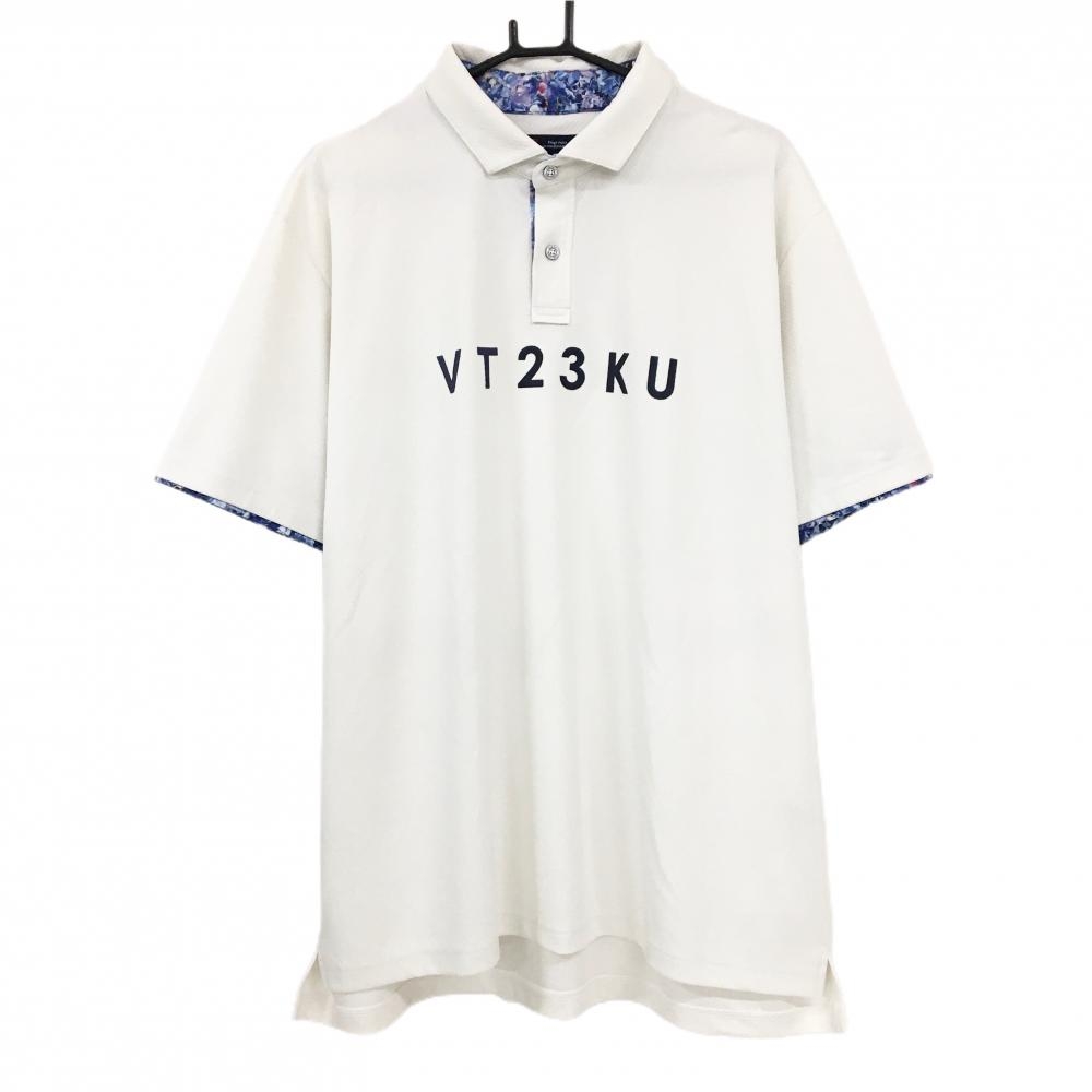 【超美品】23区ゴルフ 半袖ポロシャツ 白×ネイビー 前立て・袖口花柄 フロントロゴ メンズ 5L ゴルフウェア 大きいサイズ 23区