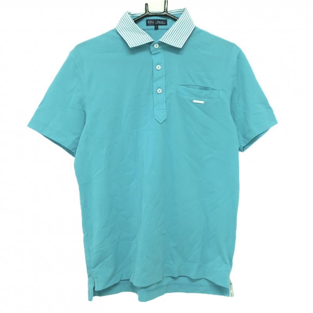 【美品】23区ゴルフ 半袖ポロシャツ ブルー系 襟ボーダー MANGILAO GOLF CLUB メンズ L ゴルフウェア 23区