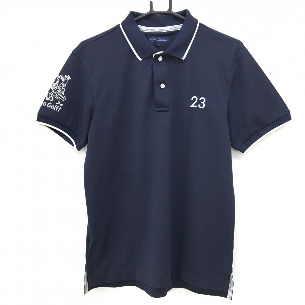 【超美品】23区ゴルフ 半袖ポロシャツ ネイビー 襟一部・袖口メッシュ 袖刺しゅう  メンズ L ゴルフウェア 23区