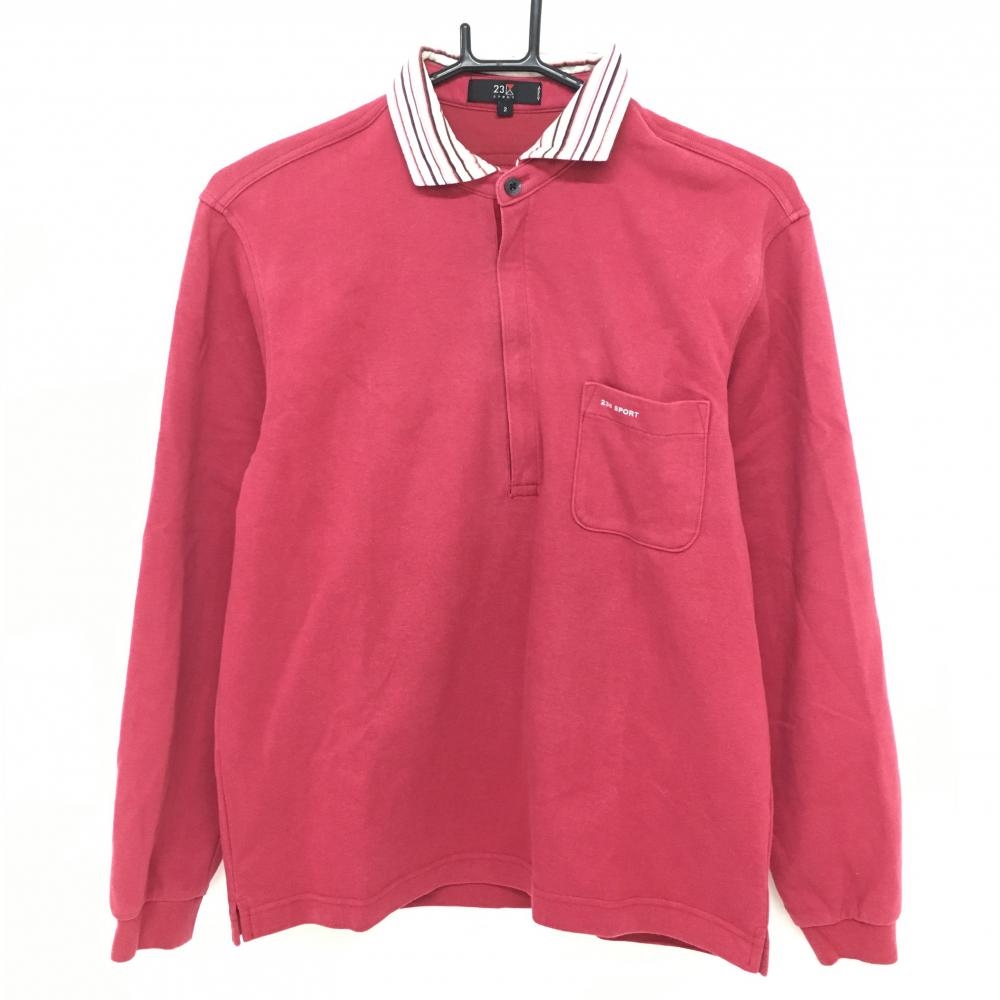 23区 長袖ポロシャツ レッド×白 襟ボーダー ハーフジップ  メンズ 2(L) ゴルフウェア 23区