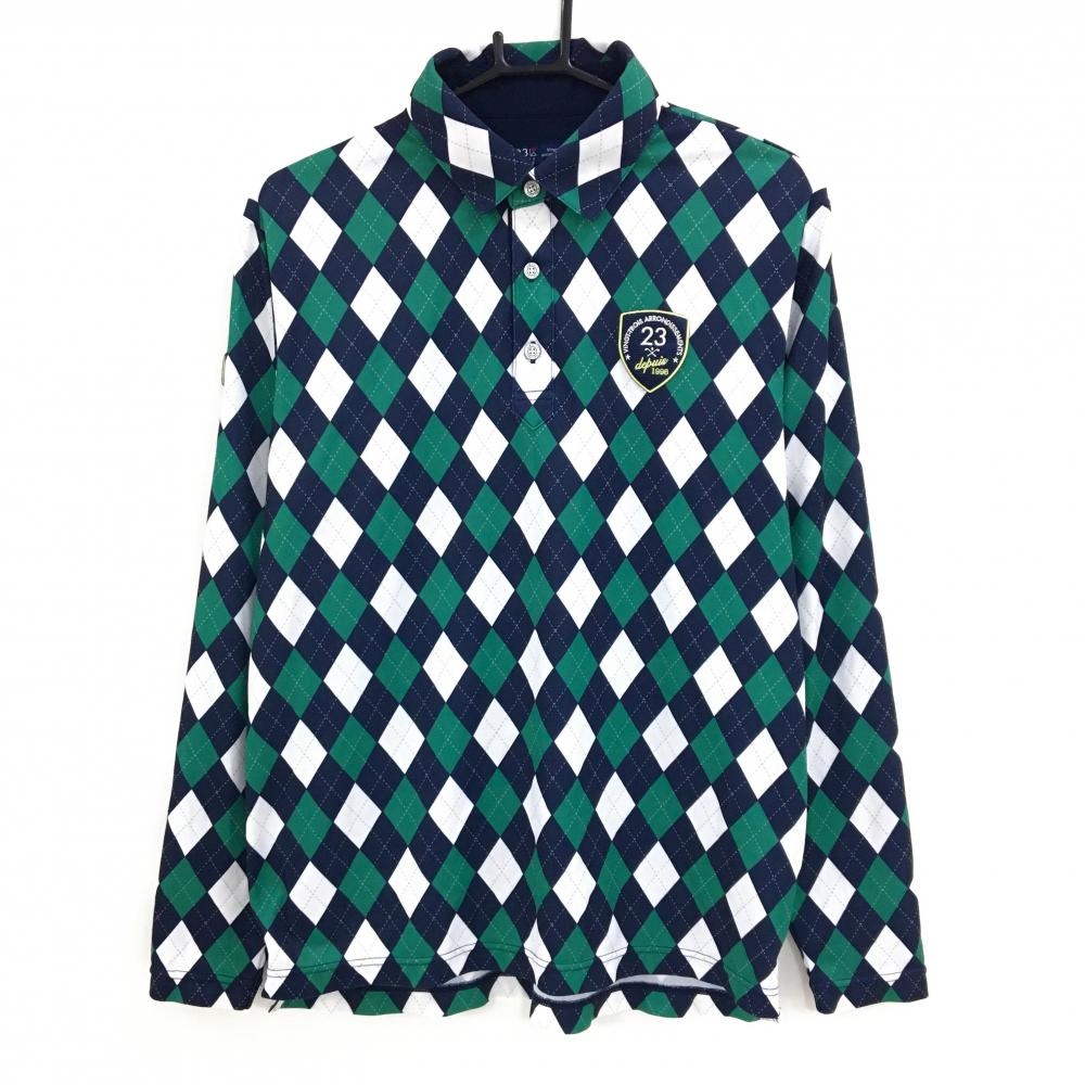 【美品】23区ゴルフ 長袖ポロシャツ ネイビー×グリーン×白 アーガイル メンズ L ゴルフウェア 23区