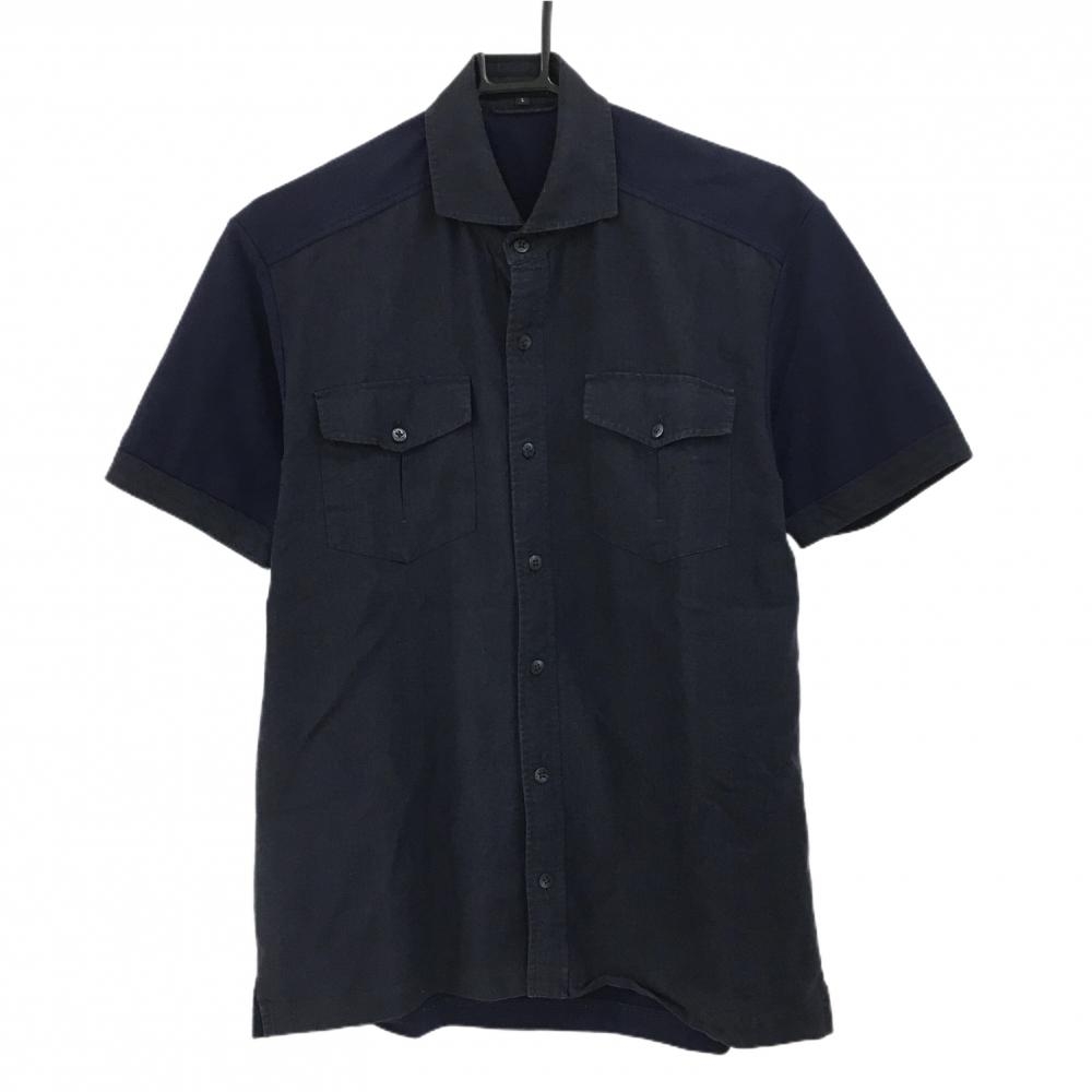 23区スポーツ 半袖シャツ ダークネイビー×ネイビー 胸ポケット 生地切替 麻混 メンズ L ゴルフウェア 23区