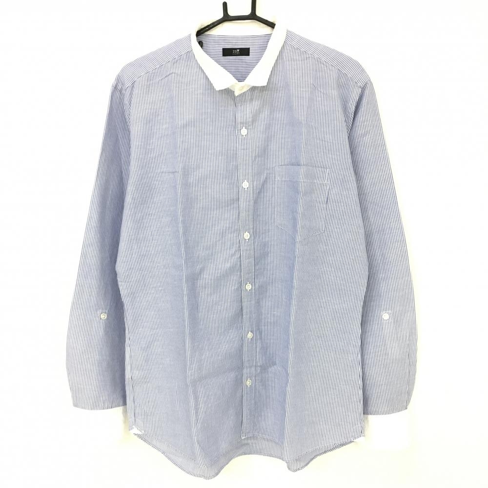23区 長袖シャツ 白×ブルー 細ストライプ コットン混 麻混  メンズ 50 ゴルフウェア 23区