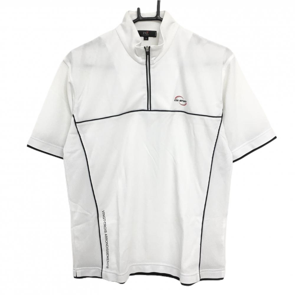 【美品】23区スポーツ 半袖ハイネックシャツ 白×黒 パイピングライン サイドメッシュ ハーフジップ メンズ 3(XL) ゴルフウェア 23区