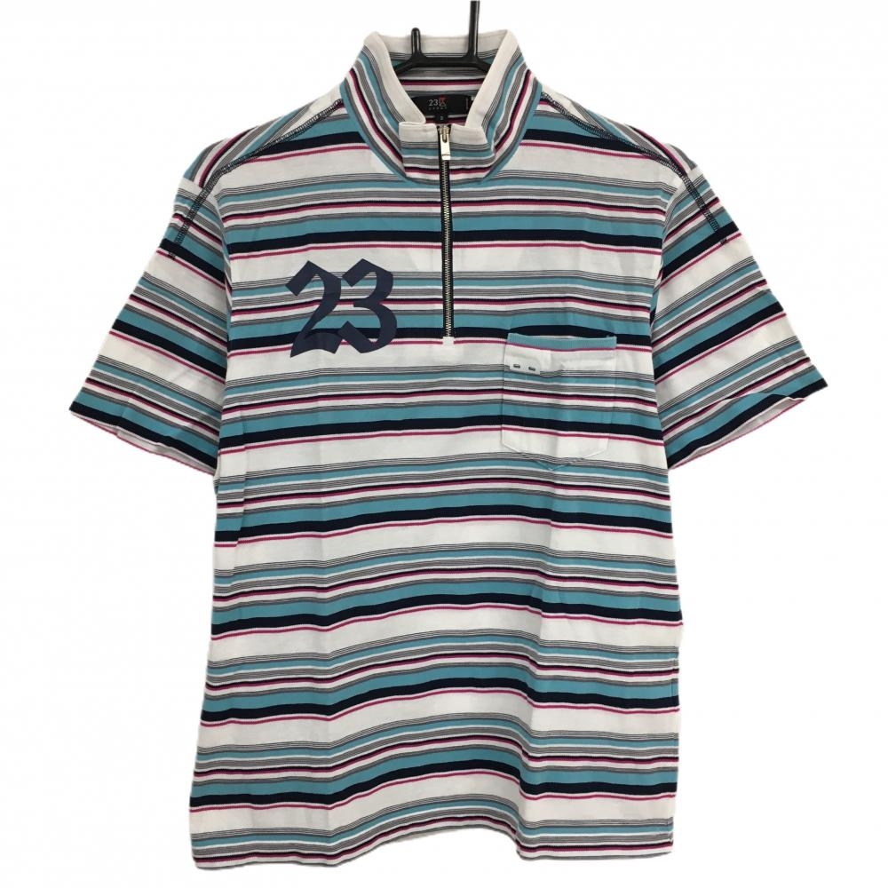 【美品】23区スポーツ 半袖ハイネックシャツ 白×ライトブルー ボーダー ハーフジップ メンズ 3(XL) ゴルフウェア 23区