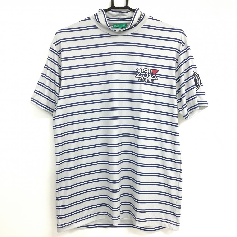 【超美品】23区ゴルフ 半袖ハイネックシャツ ライトグレー×ネイビー ボーダー ロゴプリント ストレッチ メンズ L ゴルフウェア 23区