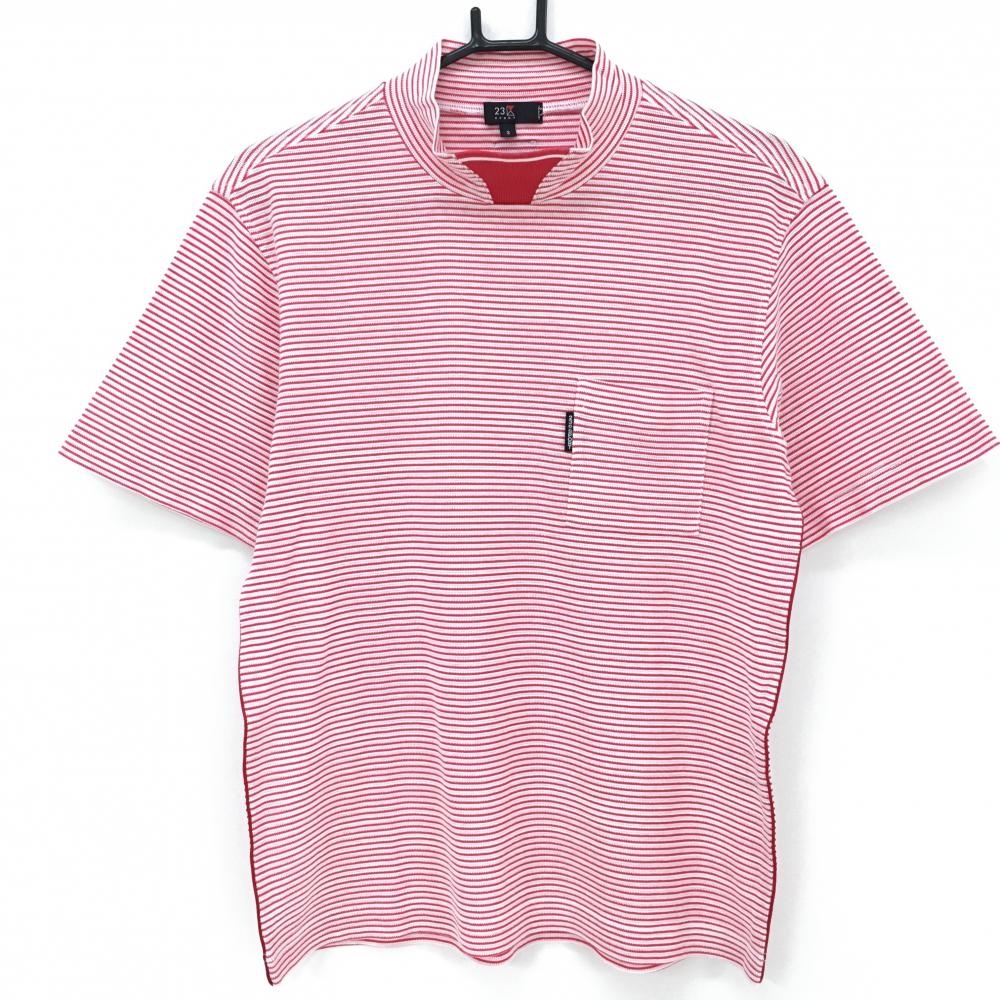 【美品】23区スポーツ 半袖ハイネックシャツ レッド×白 ボーダー メンズ 3(XL) ゴルフウェア 23区
