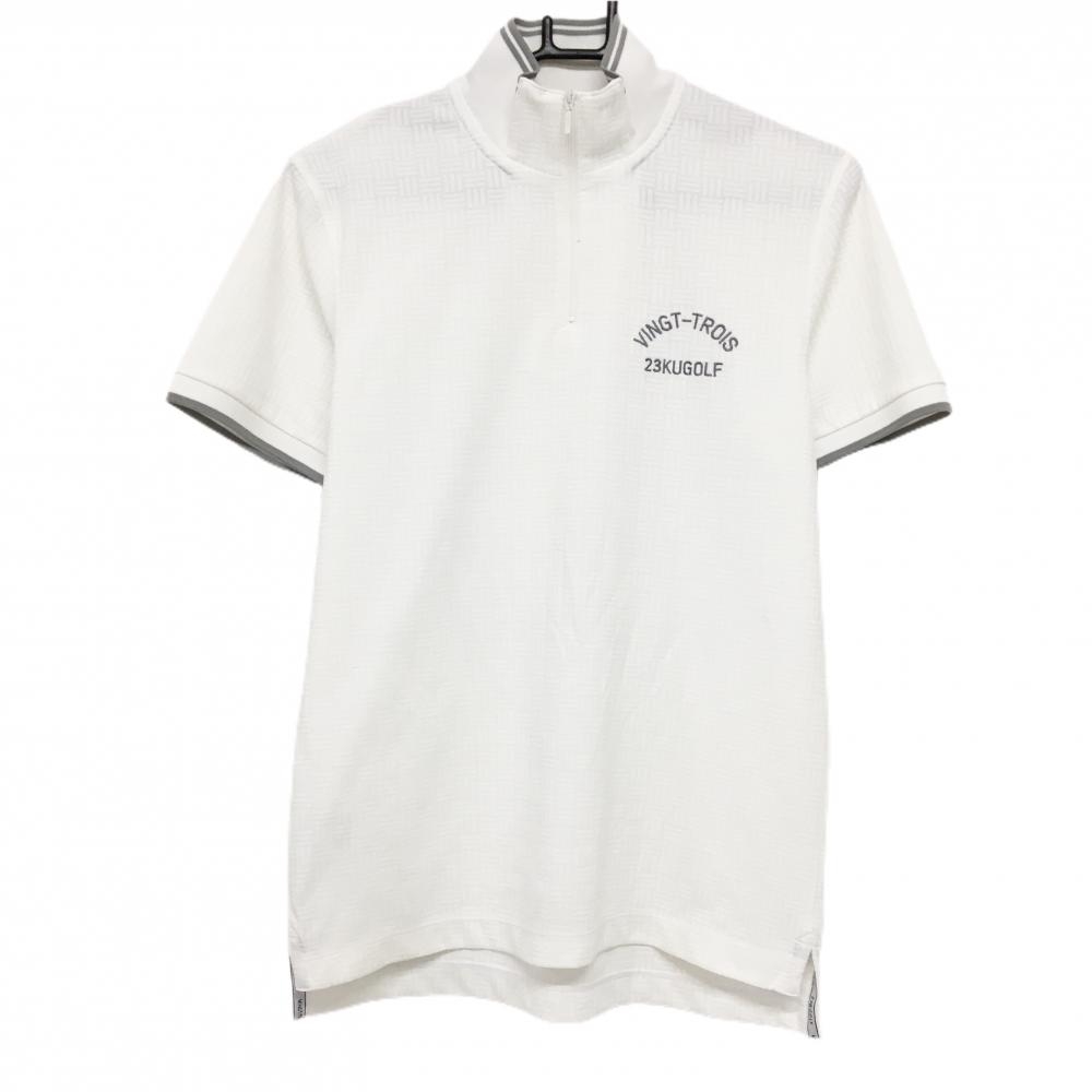 【美品】23区ゴルフ 半袖ハイネックシャツ 白 総柄地模様 ハーフジップ メンズ M ゴルフウェア 23区