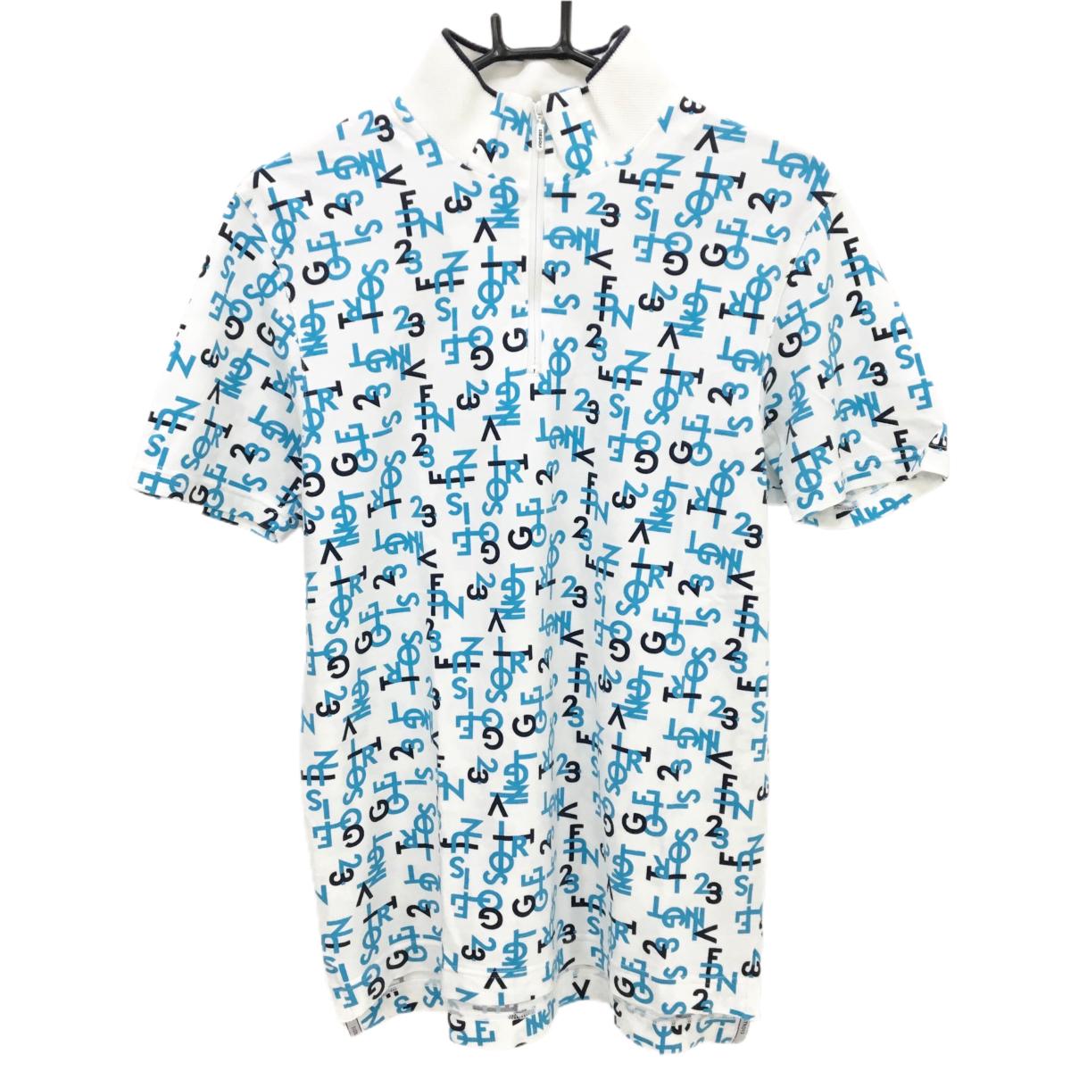 23区ゴルフ 半袖ハイネックシャツ 白×ライトブルー×ネイビー ロゴ総柄 ハーフジップ メンズ L ゴルフウェア 23区