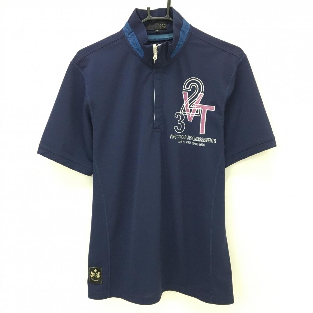 【美品】23区スポーツ 半袖ハイネックシャツ ネイビー ハーフジップ ロゴ刺しゅう  メンズ XL ゴルフウェア 23区