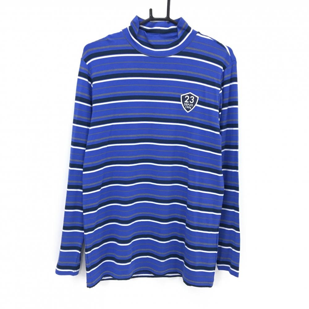 【美品】23区ゴルフ 長袖ハイネックシャツ ブルー×ネイビー ボーダー ストレッチ メンズ LL ゴルフウェア 23区