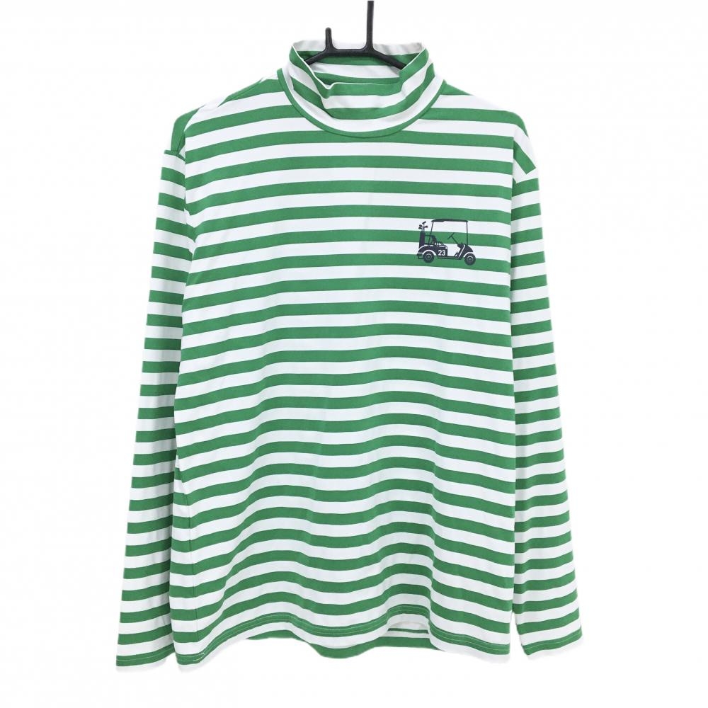 【美品】23区ゴルフ　長袖ハイネックシャツ  白×グリーン ボーダー メンズ LL ゴルフウェア 23区