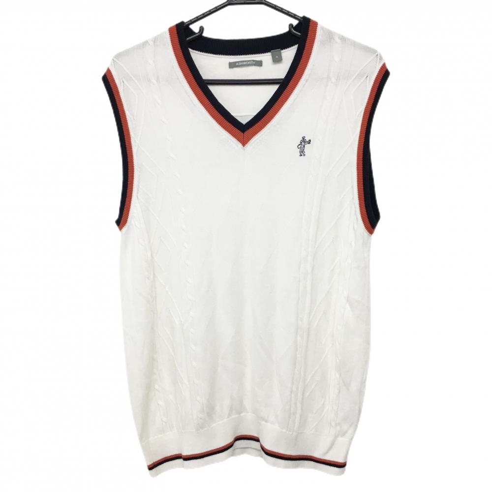 【美品】アシュワース ニットベスト 白×ネイビー ケーブル編み Vネック メンズ O ゴルフウェア ASHWORTH