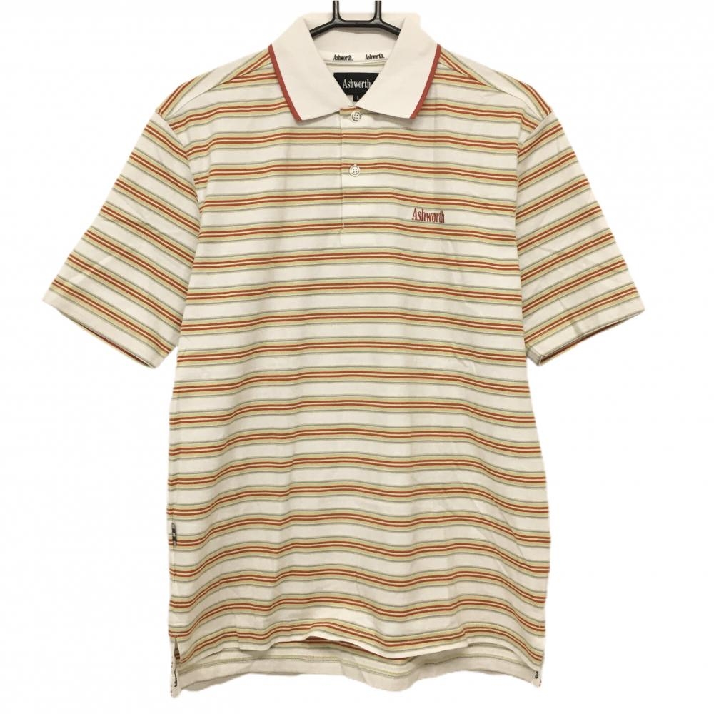 アシュワース 半袖ポロシャツ 白×オレンジ×イエロー ボーダー メンズ L ゴルフウェア ASHWORTH