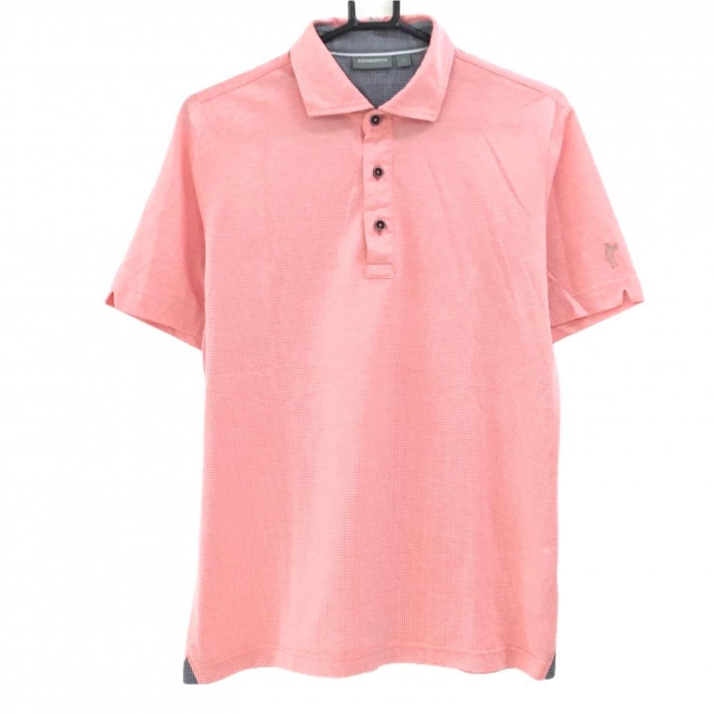 【超美品】アシュワース 半袖ポロシャツ オレンジピンク 地模様 袖ロゴ刺しゅう メンズ L ゴルフウェア ASHWORTH