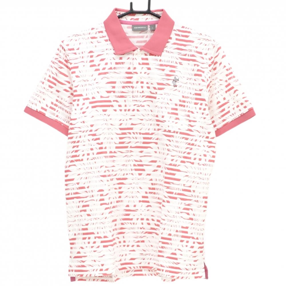 【美品】アシュワース 半袖ポロシャツ ピンク×白 リーフ総柄 ボーダー  メンズ L ゴルフウェア ASHWORTH
