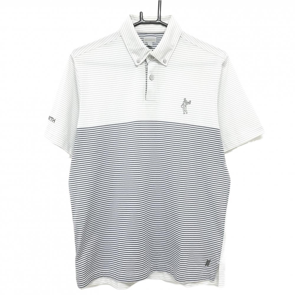 アシュワース 半袖ポロシャツ 白×ライトグレー 細ボーダー ボタンダウン メンズ L ゴルフウェア ASHWORTH