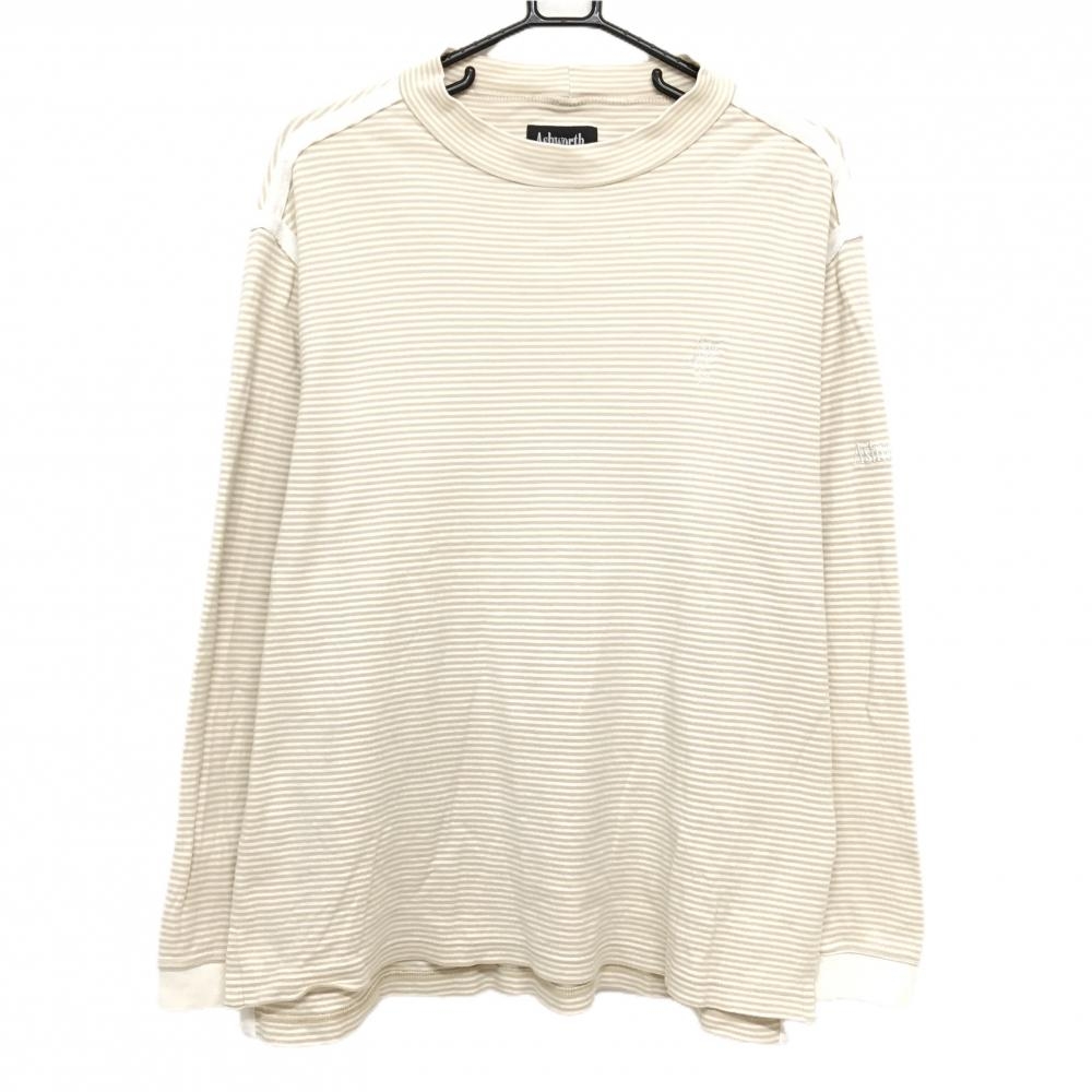 【美品】アシュワース 長袖Ｔシャツ 白×ベージュ ボーダー コットン100％  メンズ M ゴルフウェア ASHWORTH