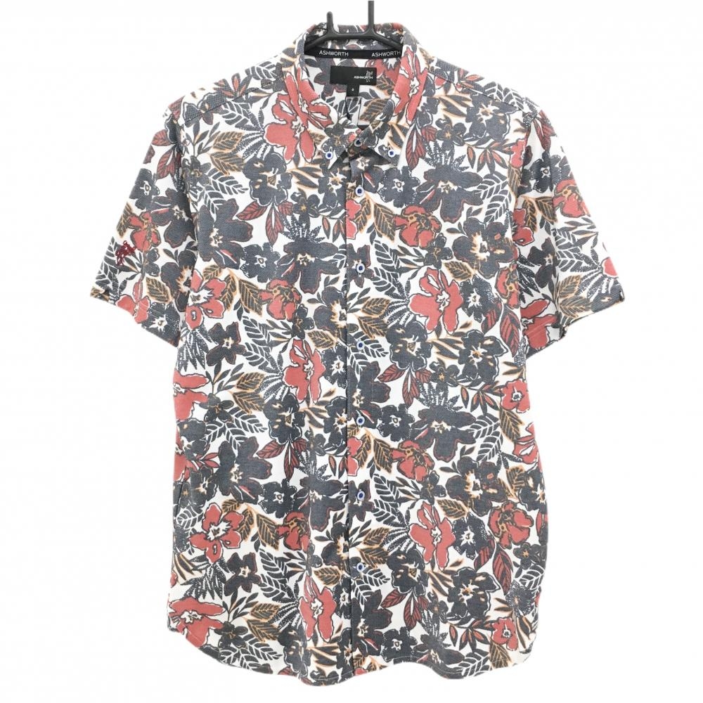 【新品】アシュワース 半袖シャツ グレー×レッド×白 花総柄 ボタンダウン メンズ O ゴルフウェア ASHWORTH