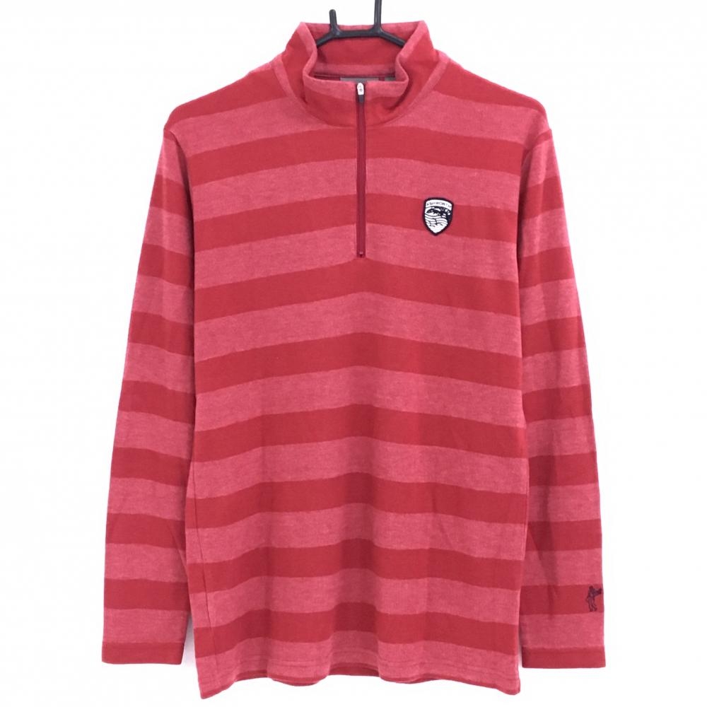 【超美品】アシュワース 長袖ハイネックシャツ レッド系 ボーダー 微起毛素材 ハーフジップ メンズ L ゴルフウェア ASHWORTH