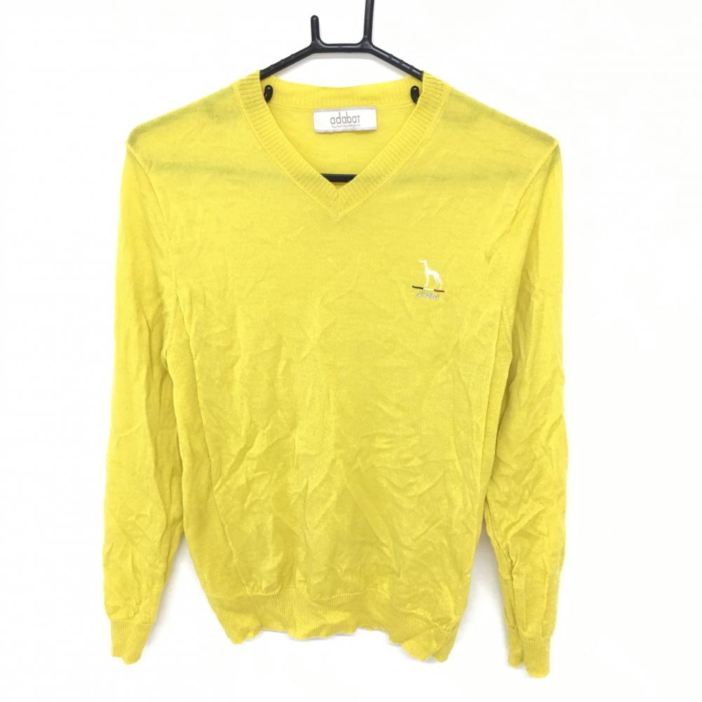 アダバット セーター イエロー ロゴ刺しゅう Vネック ウール100％ ニット  メンズ 44(S) ゴルフウェア adabat