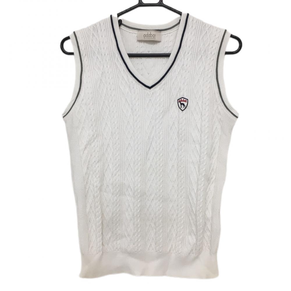アダバット ニットベスト 白×黒 ケーブル編み 胸元ロゴ Vネック メンズ 44 ゴルフウェア adabat