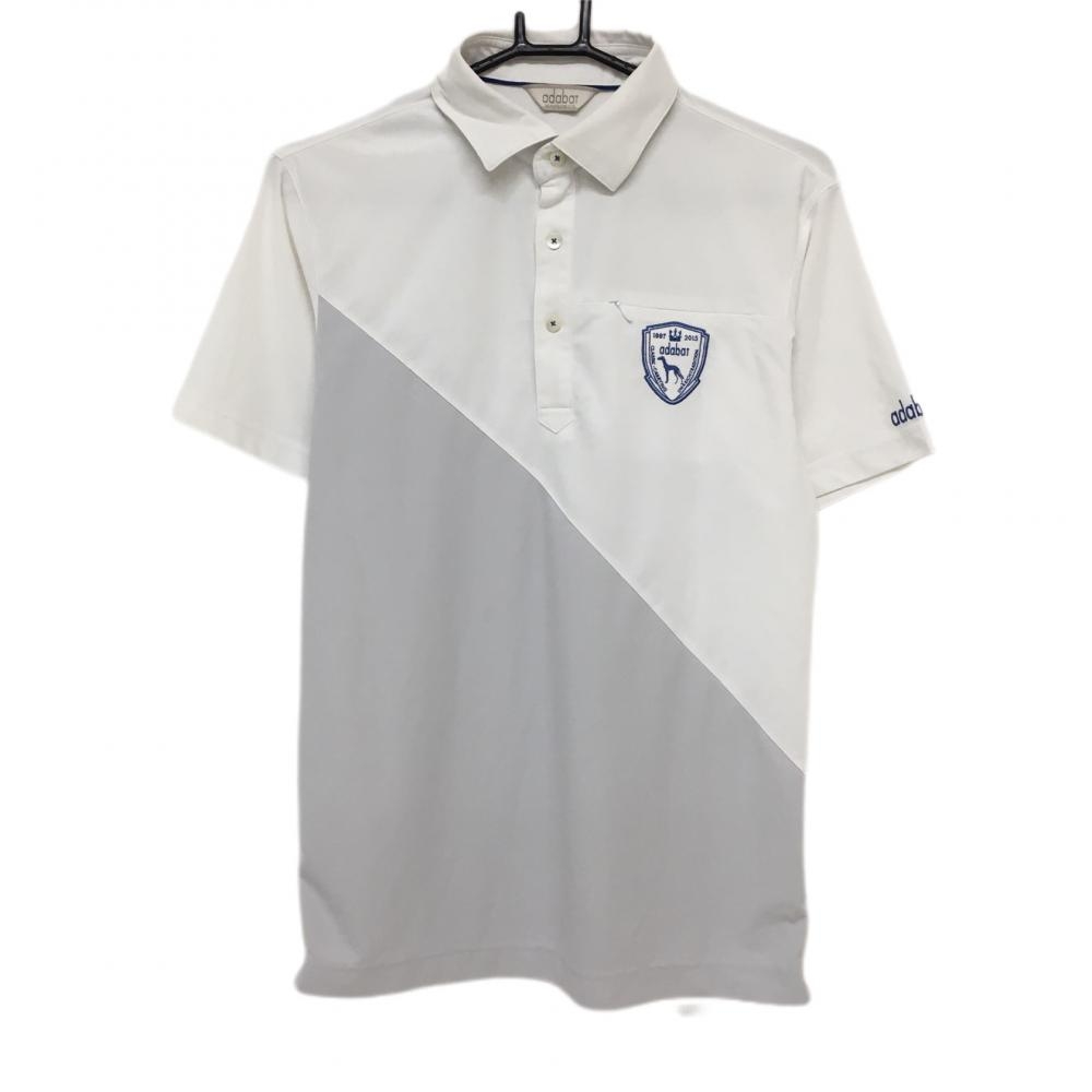 アダバット 半袖ポロシャツ 白×グレー ロゴ刺しゅう 胸ポケット メンズ 46(M) ゴルフウェア adabat