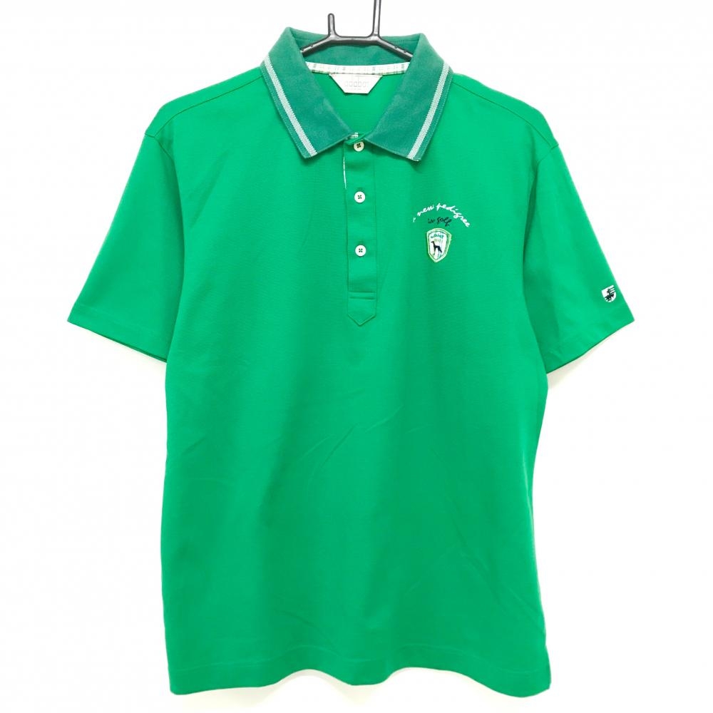 【美品】アダバット 半袖ポロシャツ グリーン 襟裏チェック ドッグ刺しゅう  メンズ 48(L) ゴルフウェア adabat