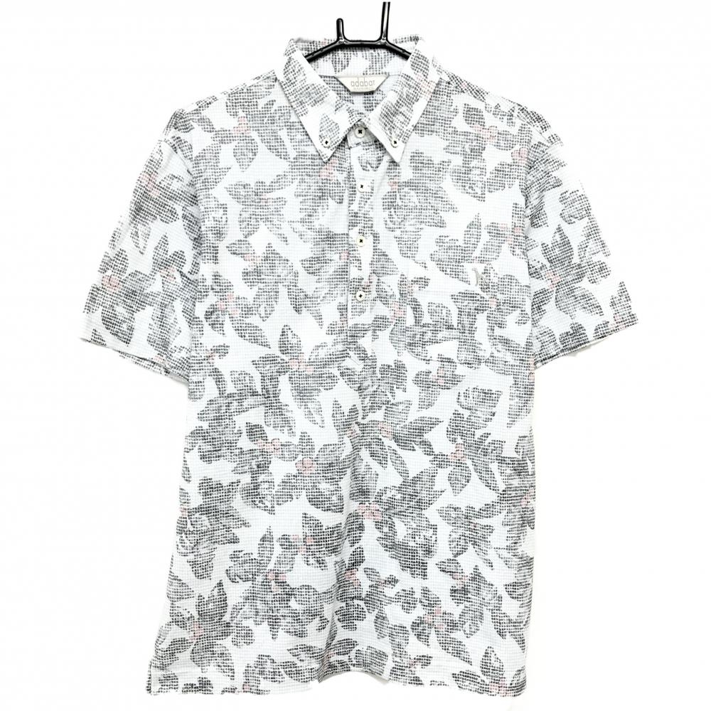 【超美品】アダバット 半袖ポロシャツ ライトグレー系×黒×レッド 総柄 リーフ ボタンダウン  メンズ 48(L) ゴルフウェア adabat