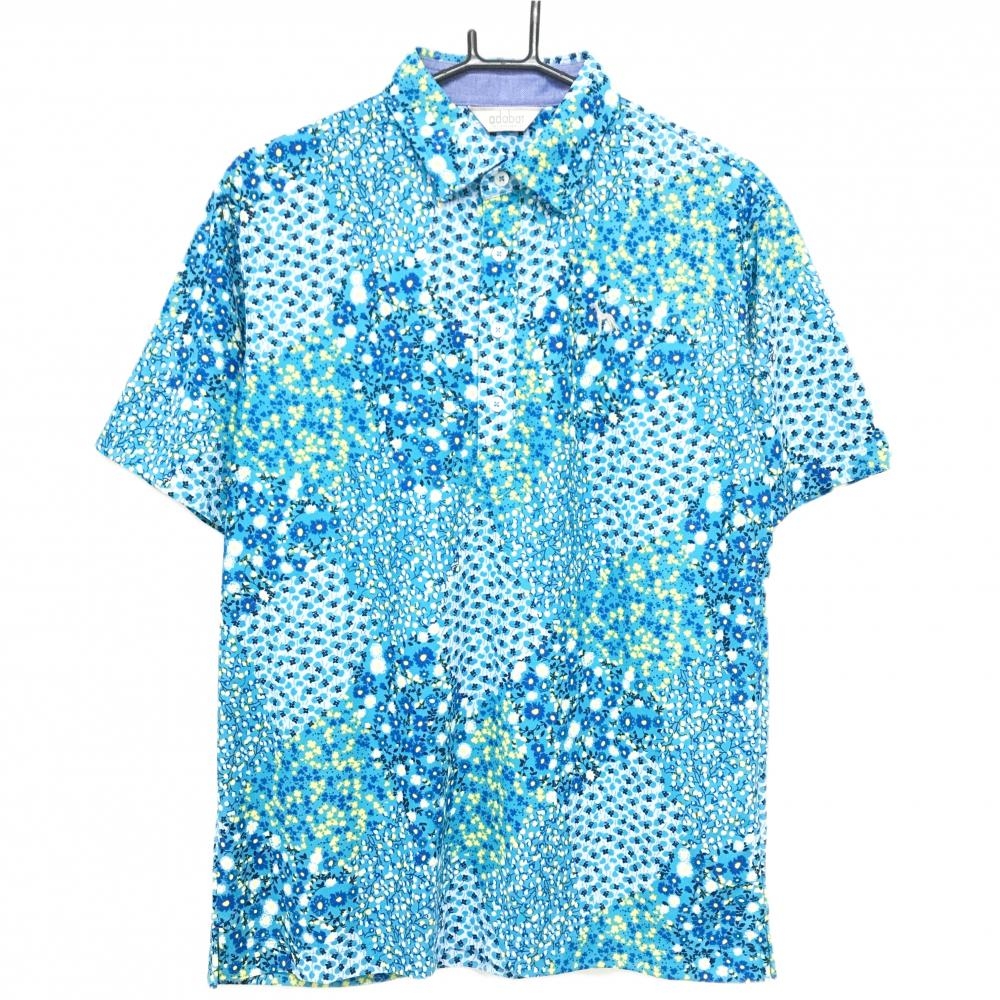 【超美品】アダバット 半袖ポロシャツ ブルー系×イエロー 小花柄 ドッグ刺しゅう メンズ 48(L) ゴルフウェア adabat