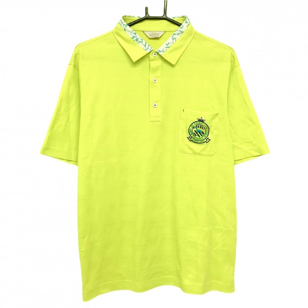 【超美品】アダバット 半袖ポロシャツ イエローグリーン 襟一部花柄 胸ポケット付  メンズ 52(4L) ゴルフウェア adabat