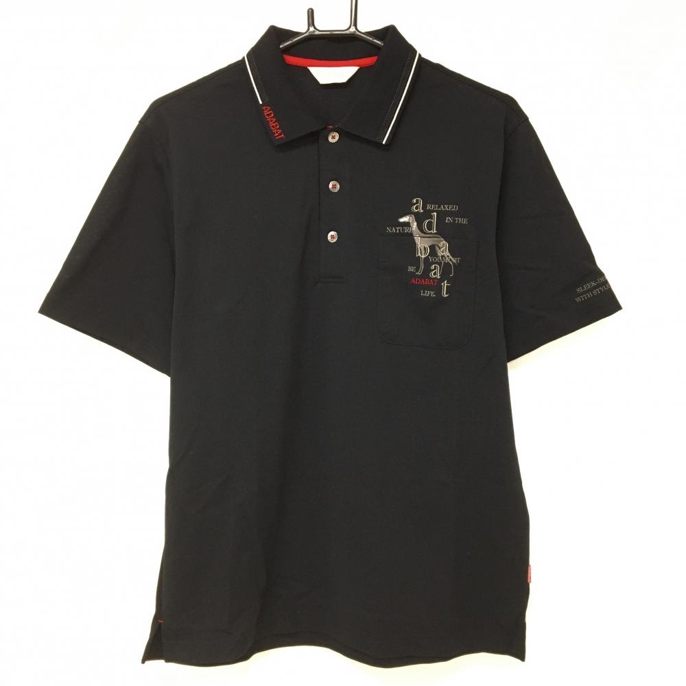 【美品】アダバット 半袖ポロシャツ 黒 胸ポケット ロゴ刺しゅう メンズ 48(L) ゴルフウェア adabat