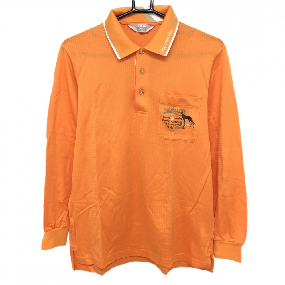 【美品】アダバット 長袖ポロシャツ オレンジ 格子柄地模様 胸ポケット刺しゅう メンズ Ⅲ(M) ゴルフウェア adabat