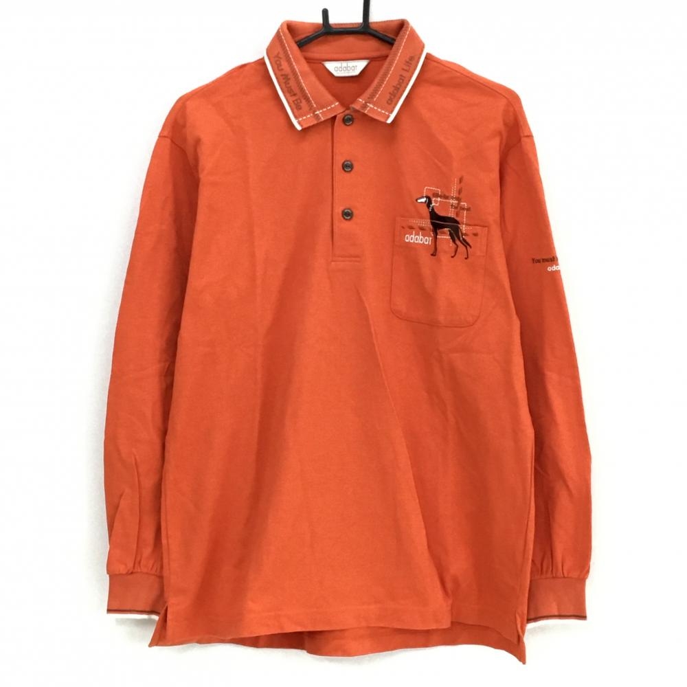 【美品】アダバット 長袖ポロシャツ オレンジ×白 胸ポケット ロゴ刺しゅう メンズ 48(L) ゴルフウェア adabat
