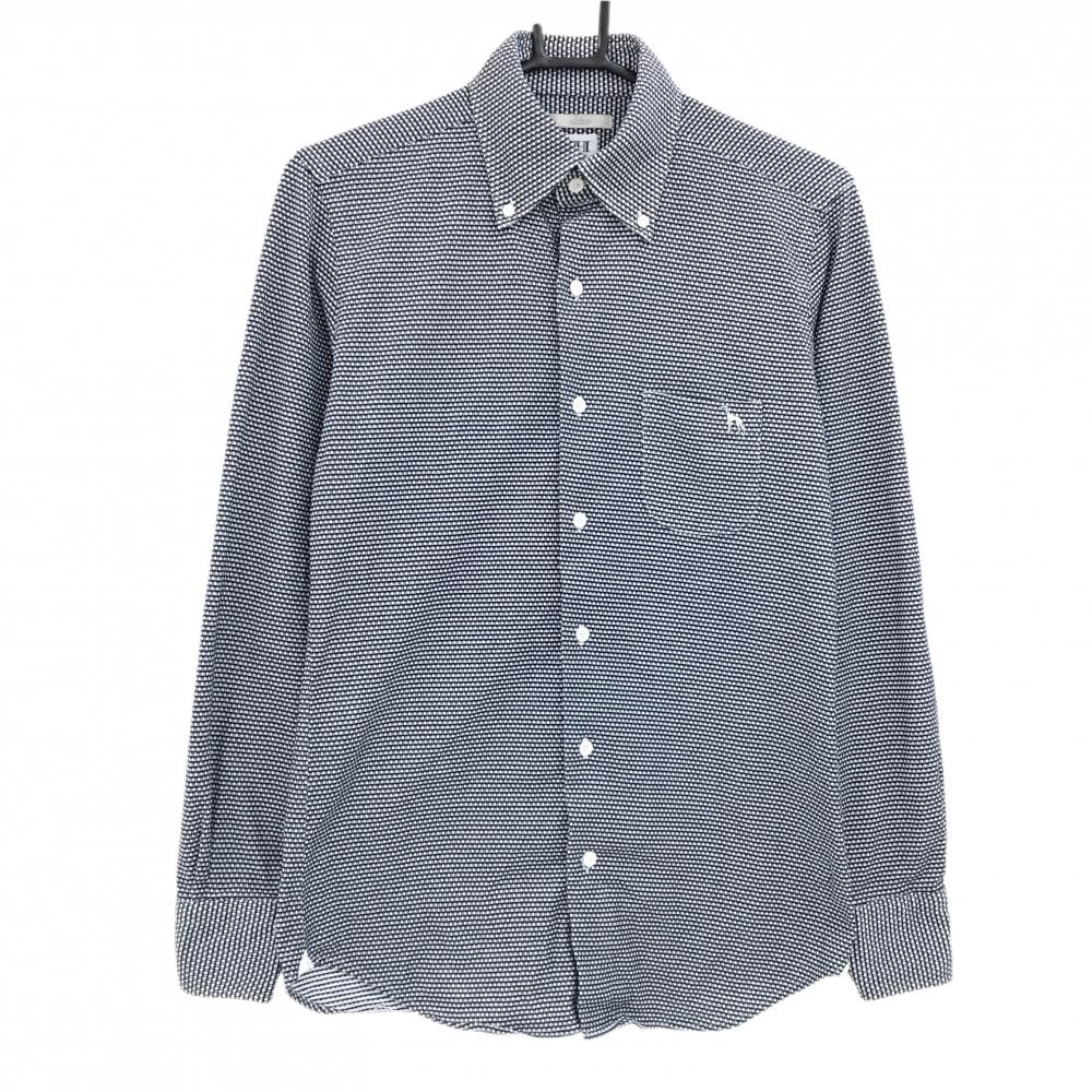 【超美品】アダバット 長袖シャツ 白×黒 総柄 胸ポケット ボタンダウン ロゴ刺しゅう メンズ 44(S) ゴルフウェア adabat